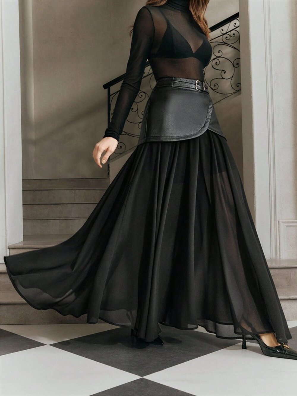 Black Casual Women's High Waist Double Belt Chiffon Patchwork Long Skirt - Picture 3 of 7
